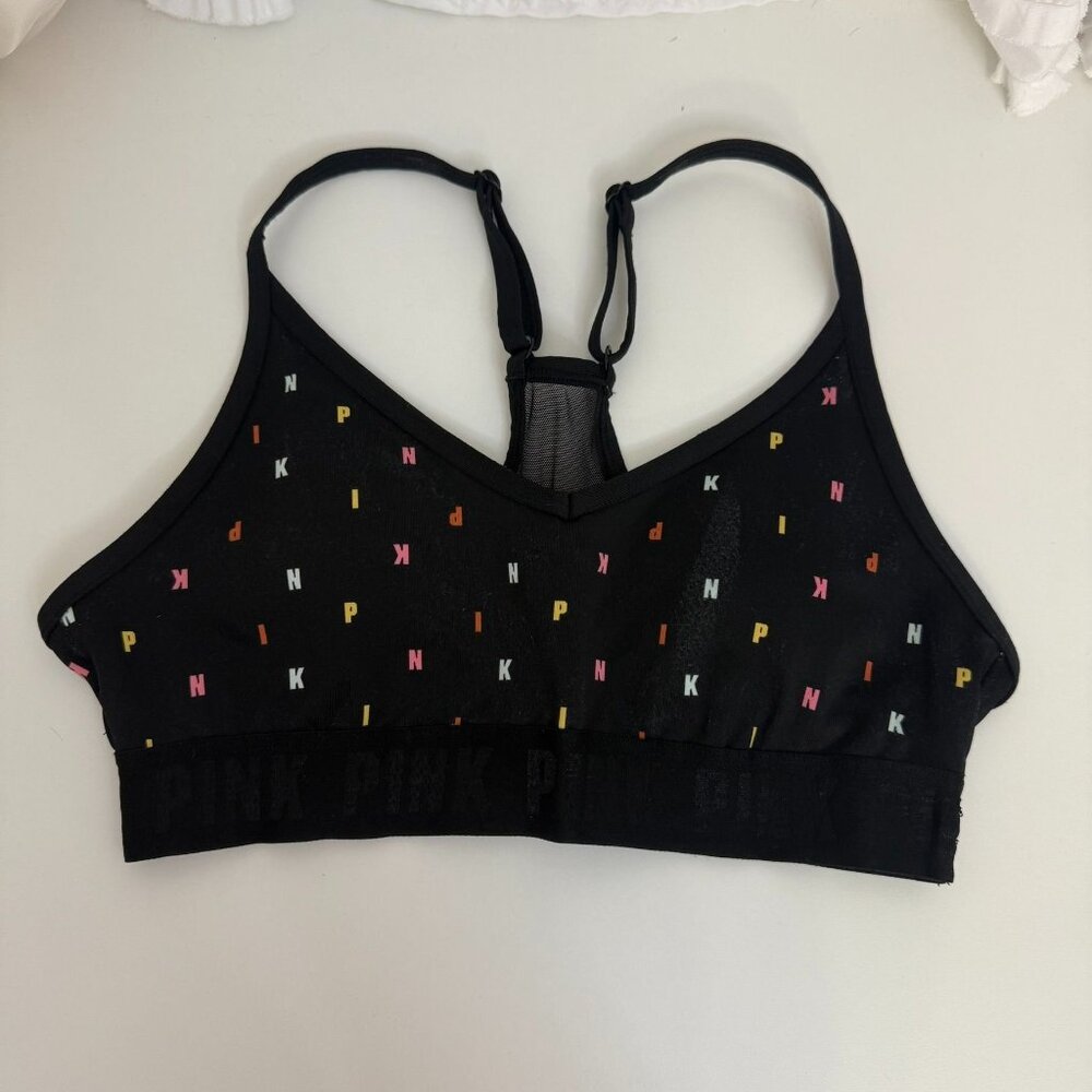 Pink Active Lightly Lined Sports Bra Adjustable Straps & Colorful Letter Print